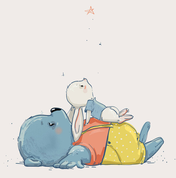 милый мультяшный плюшевый мишка с маленьким белым зайцем