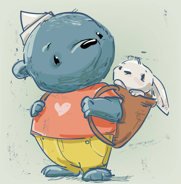 милый мультяшный плюшевый мишка с маленьким белым зайцем