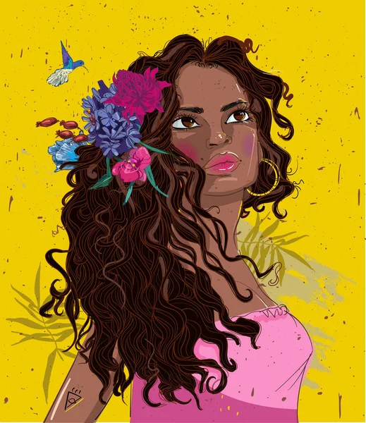 Retrato de una hermosa mujer negra con flores — Vector de stock