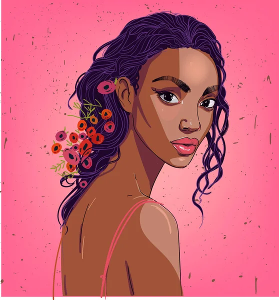 Πορτρέτο της όμορφης μαύρης γυναίκας με λουλούδια — Διανυσματικό Αρχείο