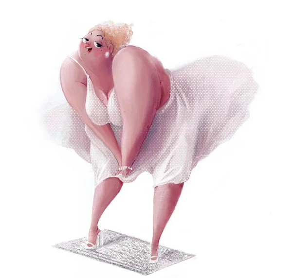 Мультфильм красивая полная молодая блондинка с белым платьем — стоковое фото