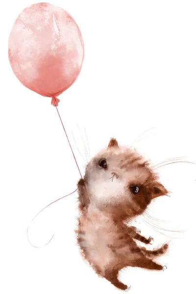 Lindo pequeño dibujos animados gatito volar con globo — Foto de Stock