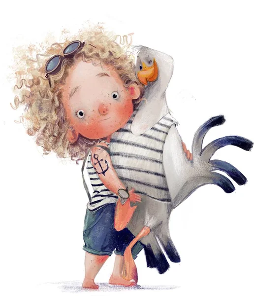 Curly cute girl with an albatross character — стоковое фото