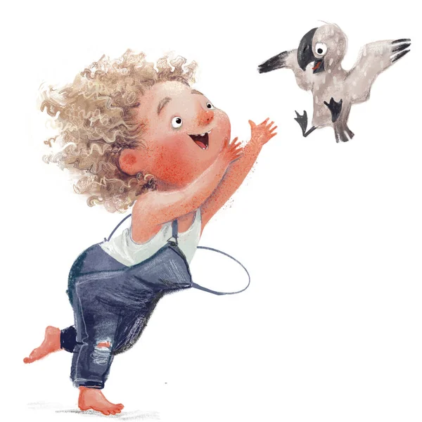 Кучерява мила дівчина з маленьким альбатросом — стокове фото