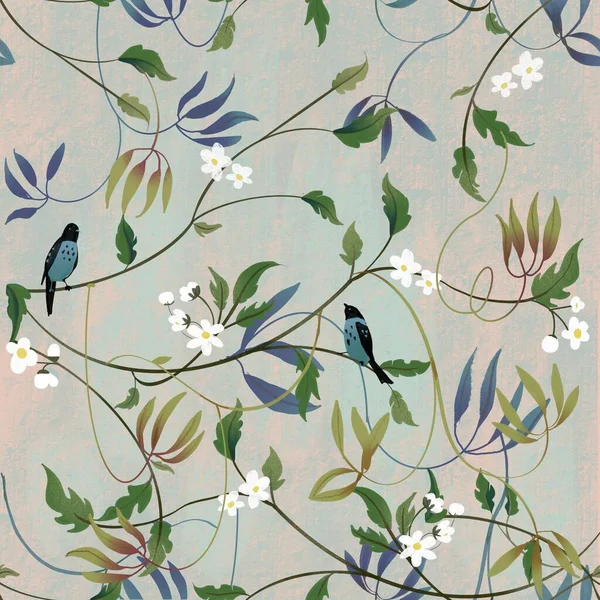 Motif floral aquarelle sans couture avec des oiseaux et des feuilles — Photo