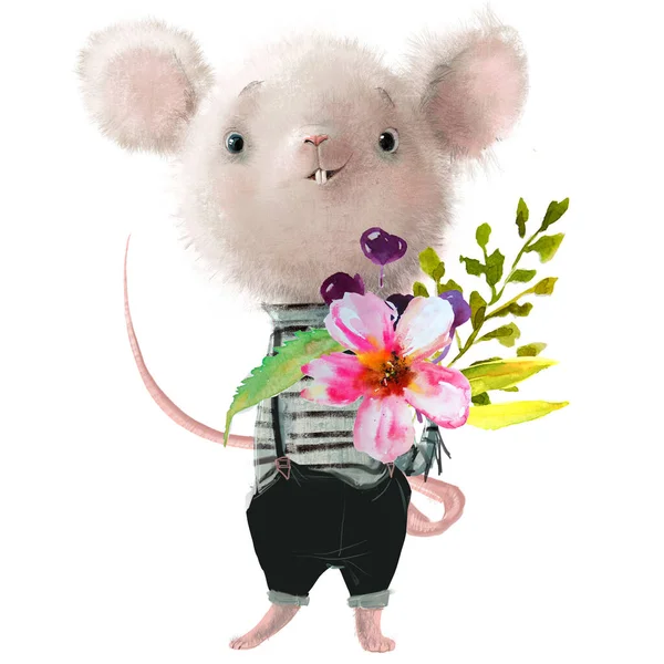 Lindo desenho animado mouse branco com biuqet floral — Fotografia de Stock