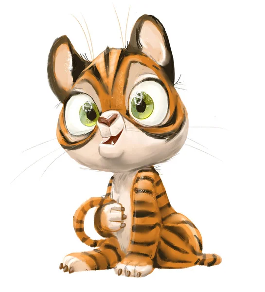 Mignon charmant petit tigre personnage de dessin animé assis — Photo