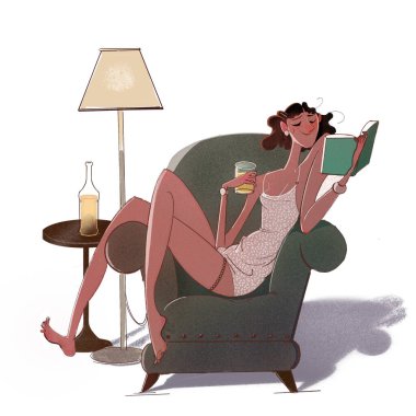 Genç kadın yeşil kitapla koltukta oturuyor.