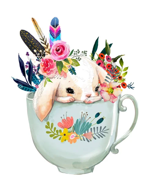 Cute cartoon hare character with flowers in cup — Stock Photo, Image