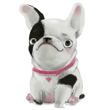 Beyaz arka planda sevimli Fransız bulldog karakteri