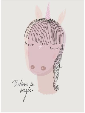 Şirin karalama pembe tek boynuzlu atlar portresi