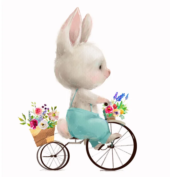 Lebre pequena bonito com flores na bicicleta — Fotografia de Stock