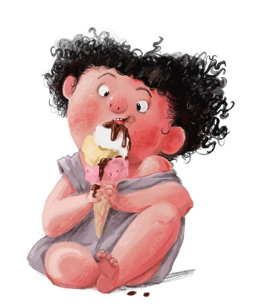 Χαριτωμένο παχουλό σγουρά μαλλιά κορίτσι τρώει παγωτό — Φωτογραφία Αρχείου