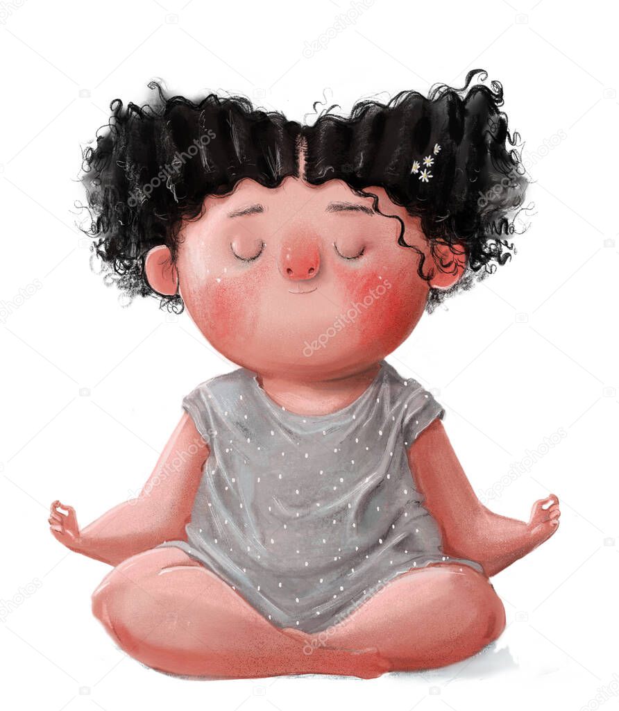 cute plump curly haired girl meditates in lotus position