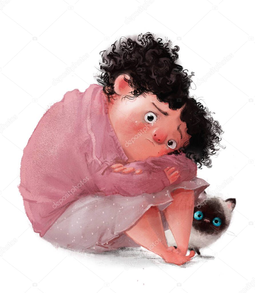 cute plump curly haired girl with cat