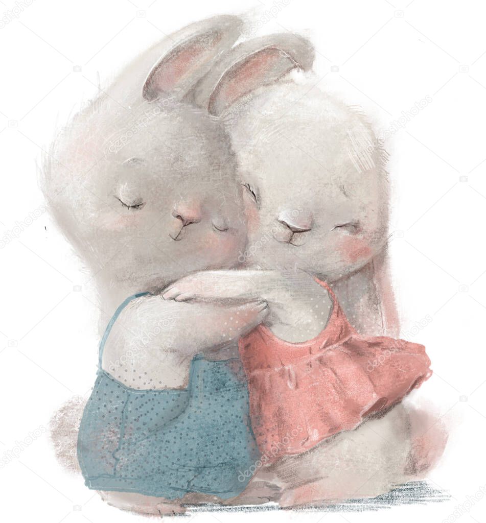 cute cartoon hares couple in wedding costumes