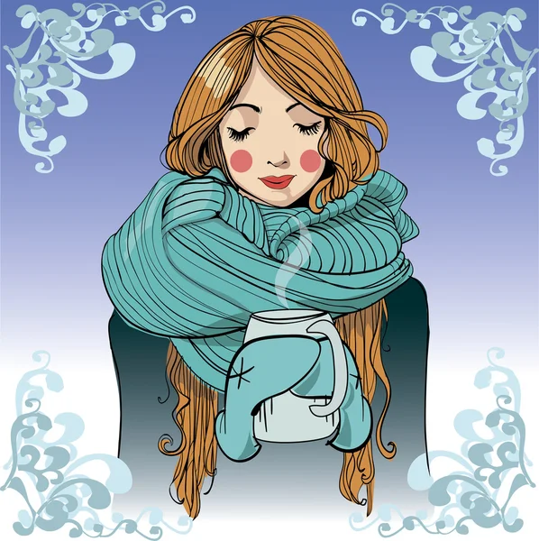 Winter young woman with a cup of hot drink — Stock Illustration Winter young woman with a cup of hot drink Stock Illustration