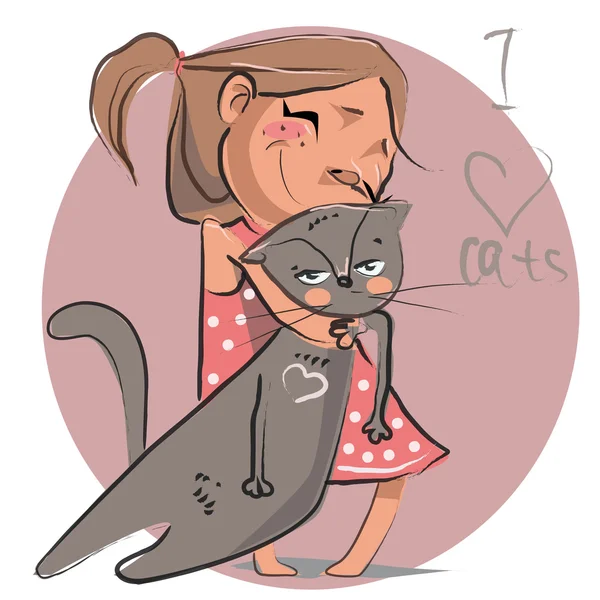 Cute girl with her kitten. — Stock Vector