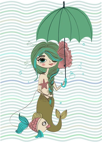 可爱的美人鱼的伞 — 图库矢量图片