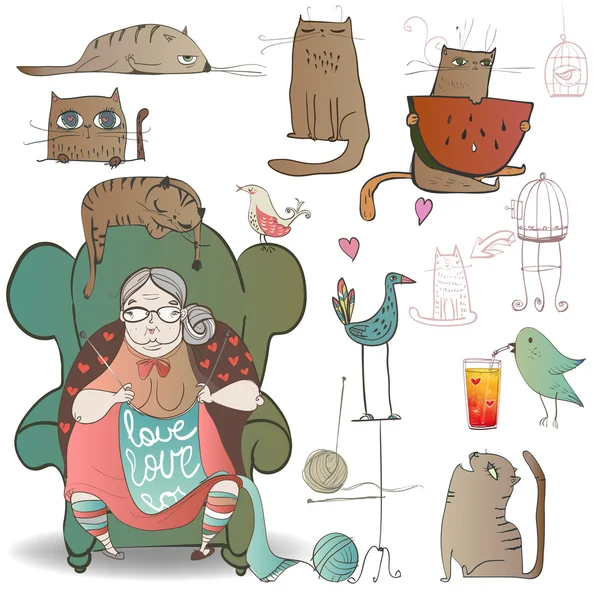 Granny, birds and cats — 스톡 벡터