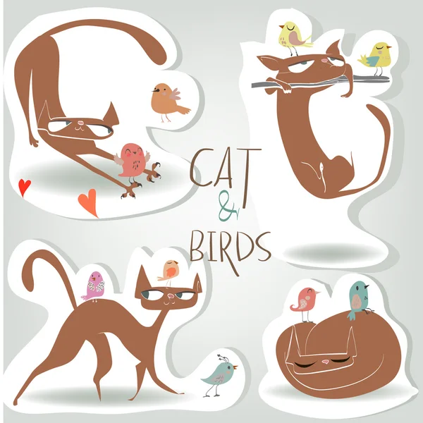 Niedliche Katze mit Vögeln — Stockvektor