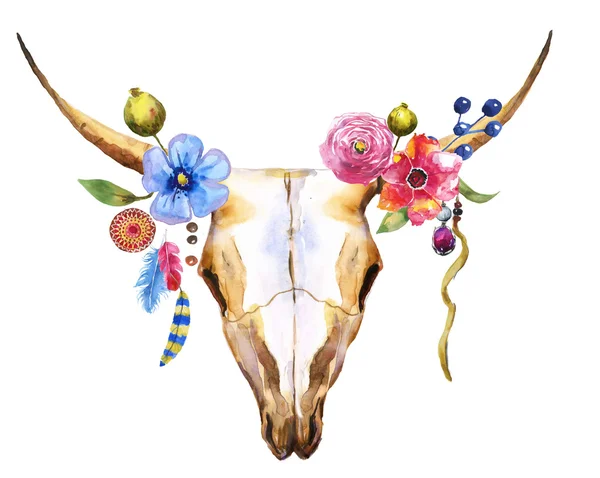 Watercolor deer skull with flowers — Stock Photo, Image