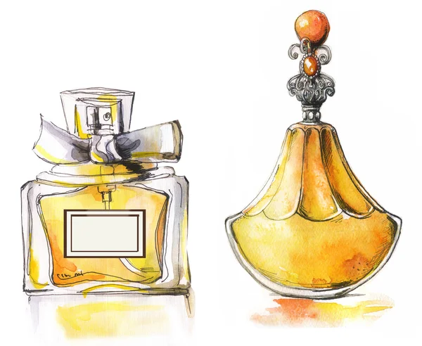 Garrafas de aquarela com perfumes — Fotografia de Stock