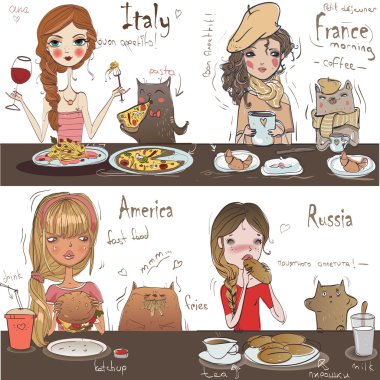 kızlar ve kedi yeme ile desen
