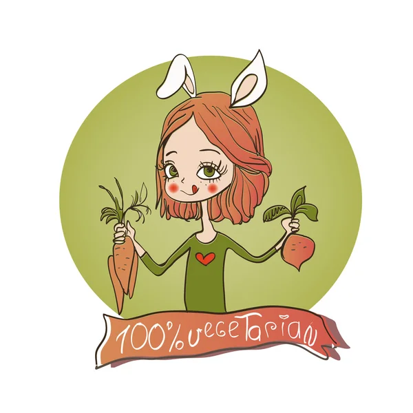 Chica con orejas de conejo y verduras . — Vector de stock