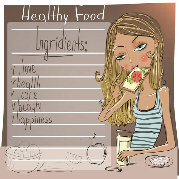 Mujer comiendo alimentos saludables — Archivo Imágenes Vectoriales