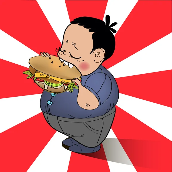 Товстий хлопчик їсть гамбургер . — стоковий вектор