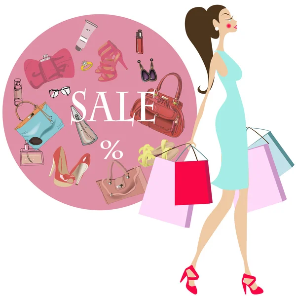 Jeune femme sur le shopping avec des marchandises — Image vectorielle