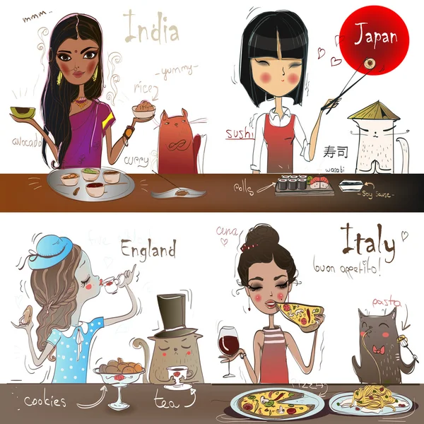 Шаблон с едой девочек и кошек — стоковый вектор