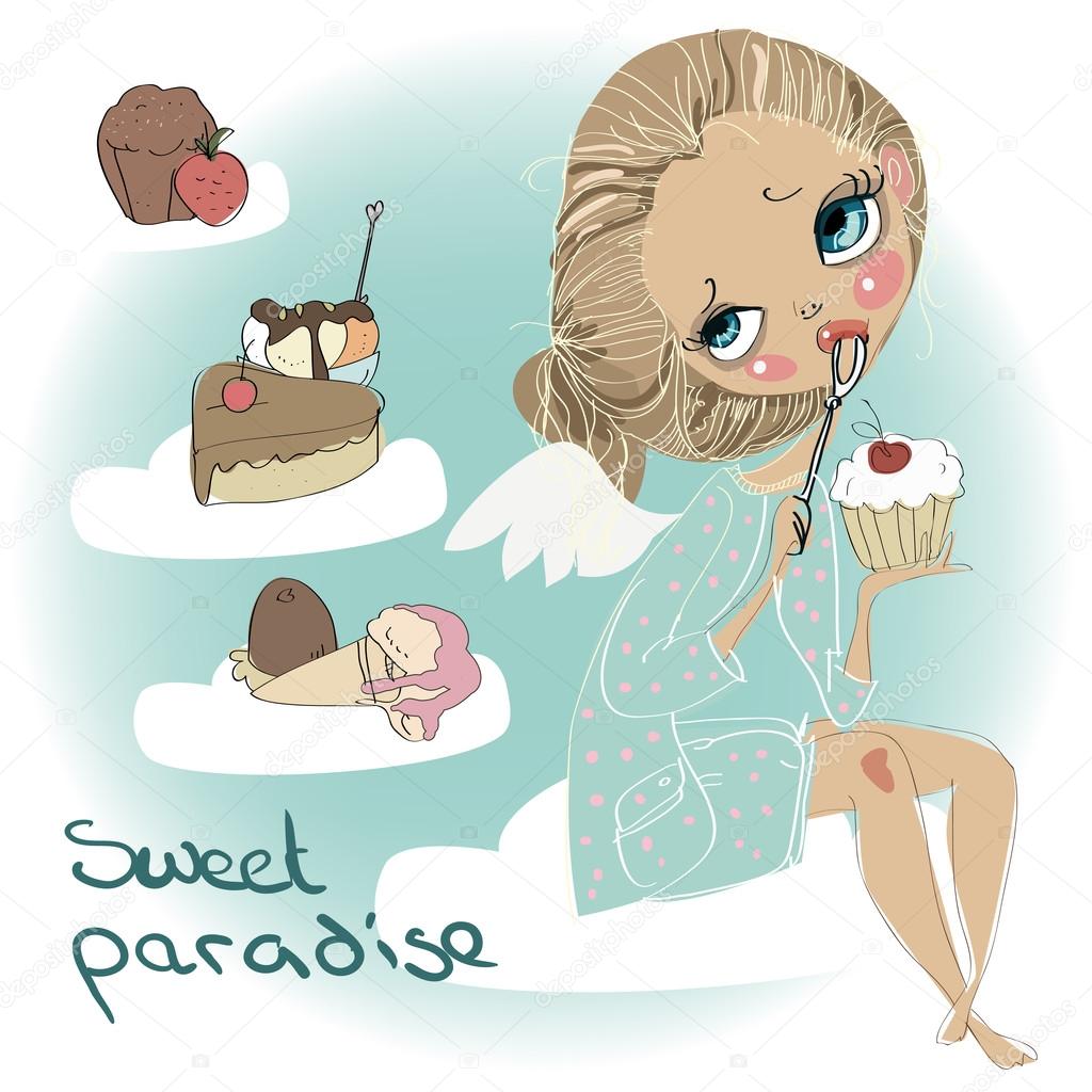 Little angelgirl eating deserts. — Stock Vector © Cofeee 89092324