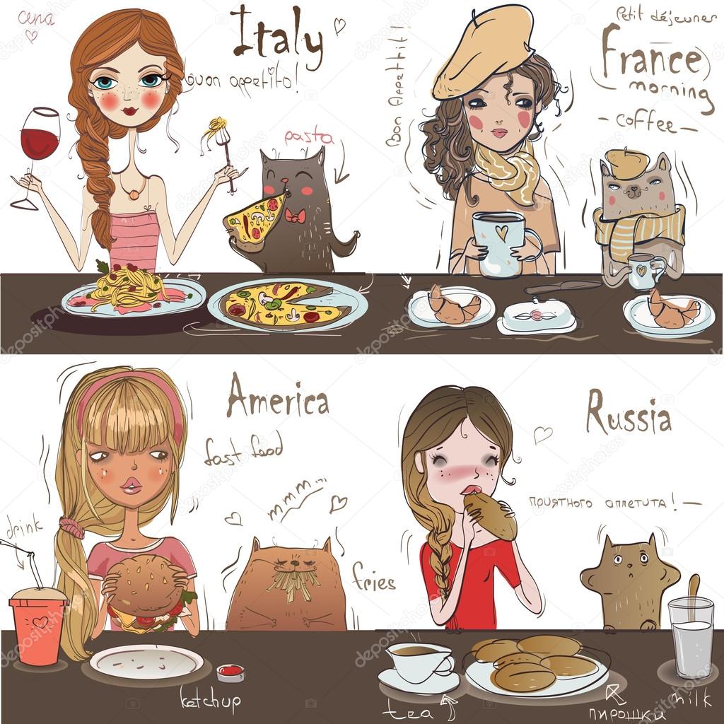 pattern with eating girls and cats