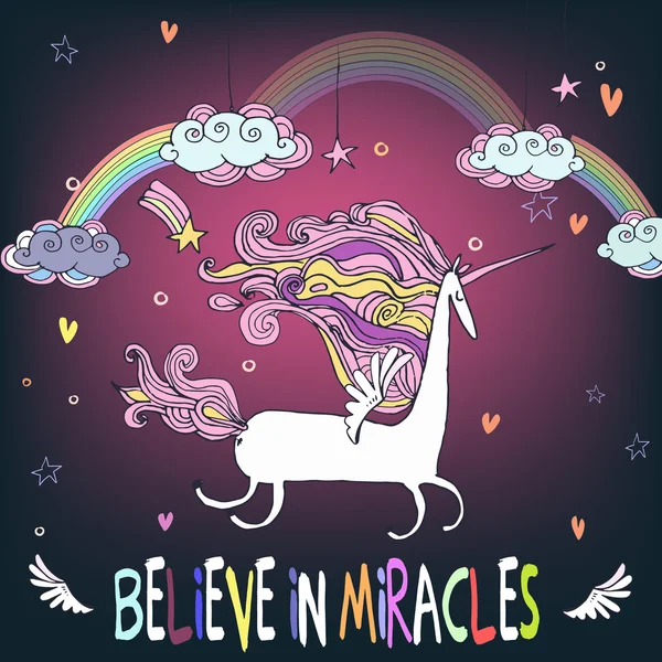 Unicornio de dibujos animados con arco iris — Vector de stock