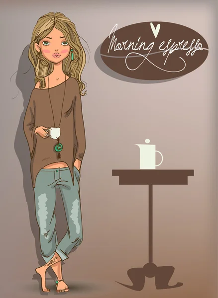 Linda chica con taza de café — Vector de stock