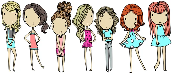 Conjunto con chicas de dibujos animados — Vector de stock