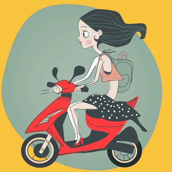 Linda chica en scooter — Vector de stock