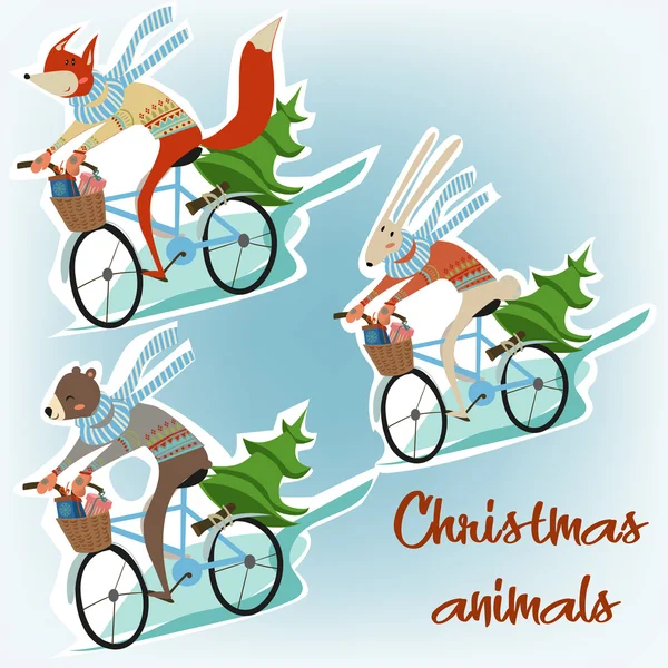 Animaux de Noël sur les vélos — Image vectorielle