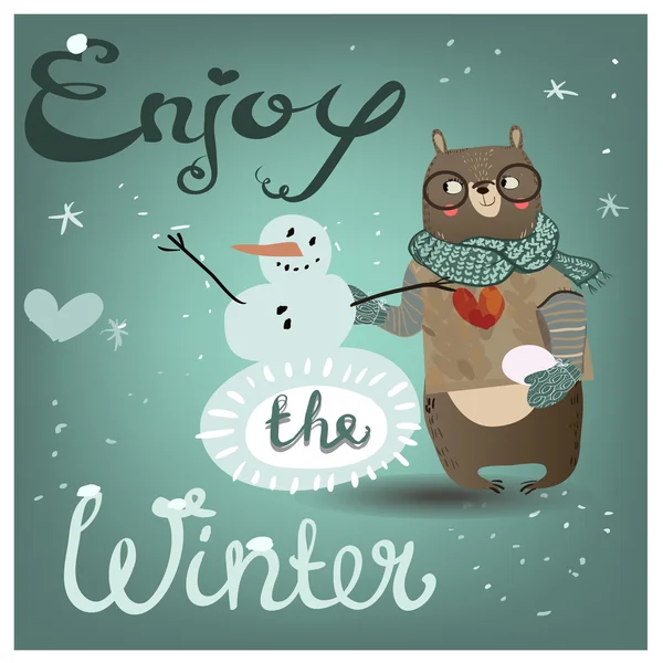 Ours mignon avec bonhomme de neige — Image vectorielle