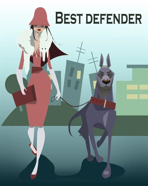 Dama caminando con un gran perro . — Vector de stock