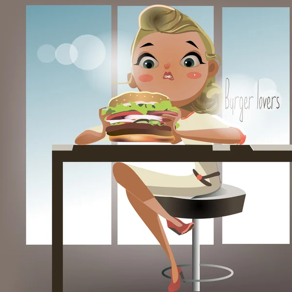 Słodkie dziewczyny jedzenie hamburgera — Wektor stockowy