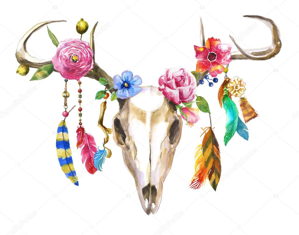 watercolor deer skull with flowers
