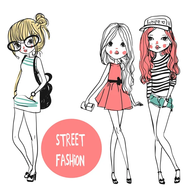 Set with cute fashion girls — Stock Vector