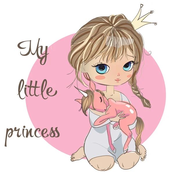 Little princess with pink unicorn Stock Vector