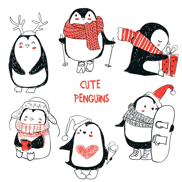 Conjunto com pinguins bonitos — Vetor de Stock
