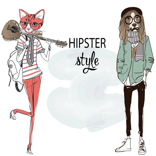 Köpek ve kedi hipsters karakterler — Stok Vektör