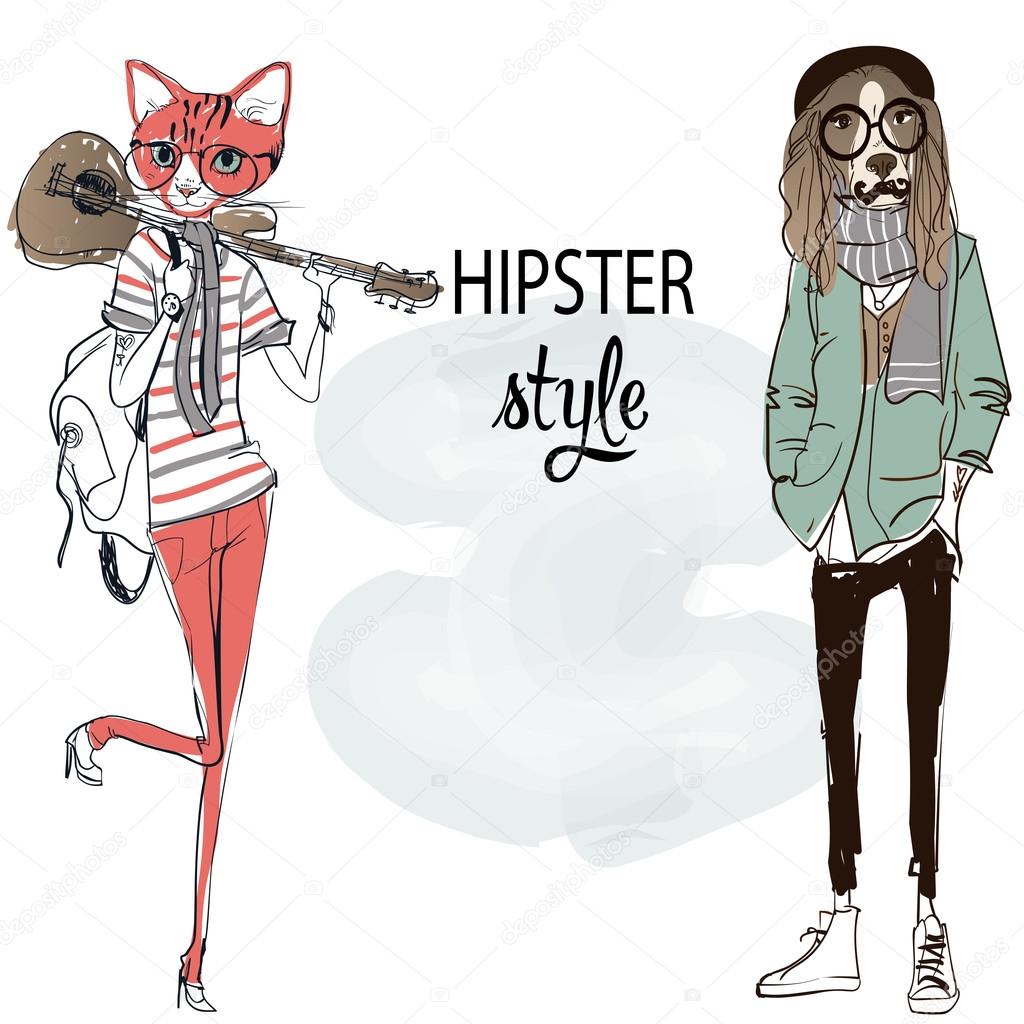 dog and cat hipsters characters