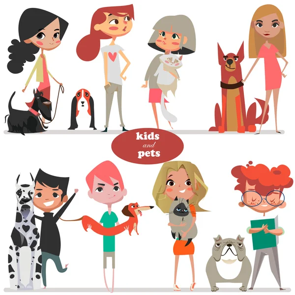 Набор с милыми мультяшными детьми и домашними животными — стоковый вектор